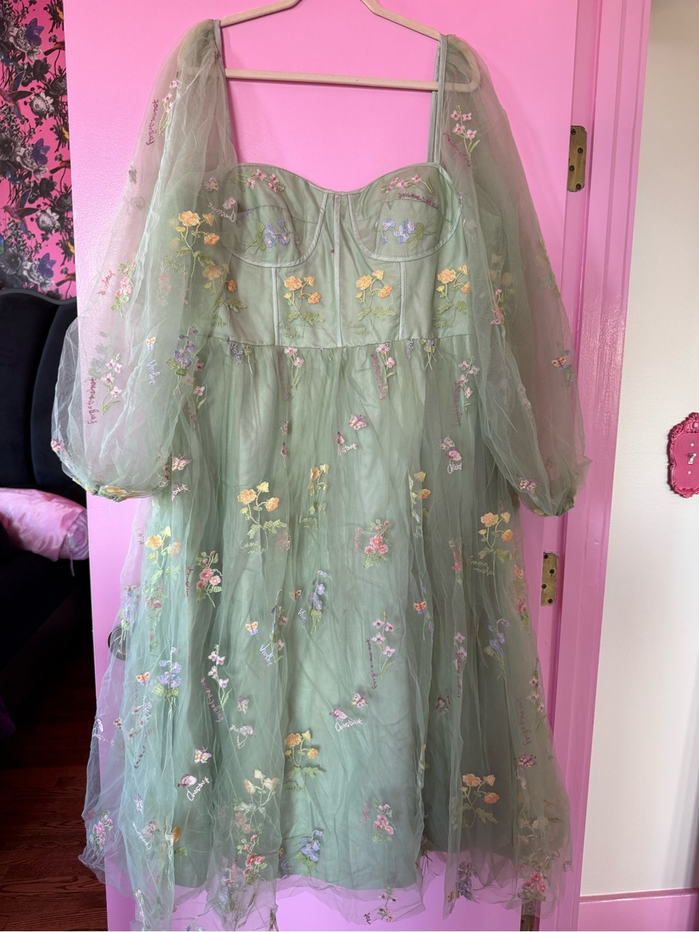 Embroidered Botanical Tulle Cottagecore Fairy Dress Sage Green LaceUp Back 18W